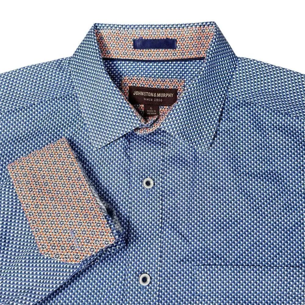 Johnston & Murphy Sz L Printed Long Sleeve Shirt Contrast Pink Blue Shadow Dot